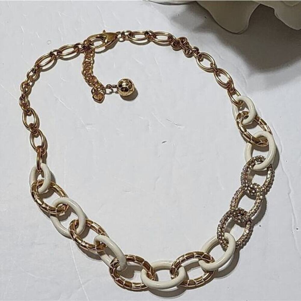 BRIGHTON PEBBLE PAVE LINK Gold tone Crystal &‎ Enamel 20" NECKLACE New